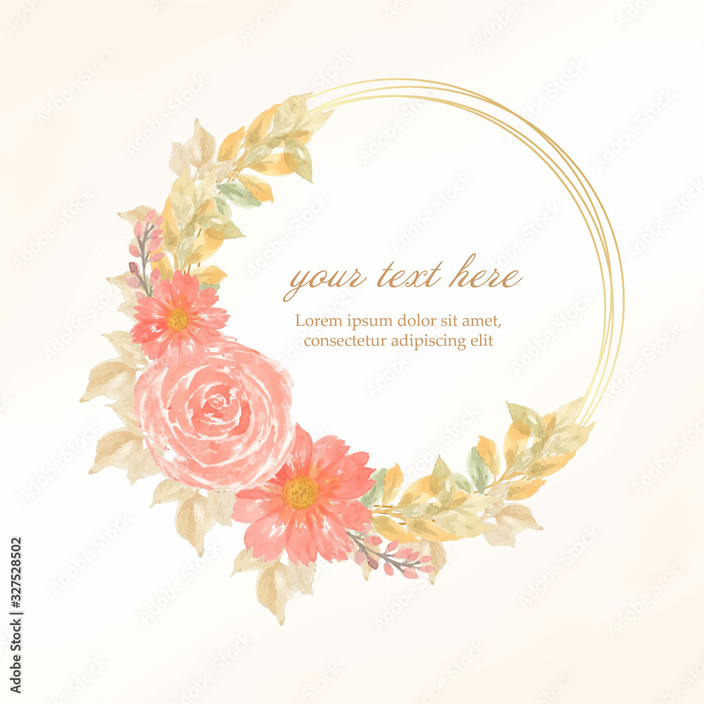 orange floral watercolor wreath with gold frame