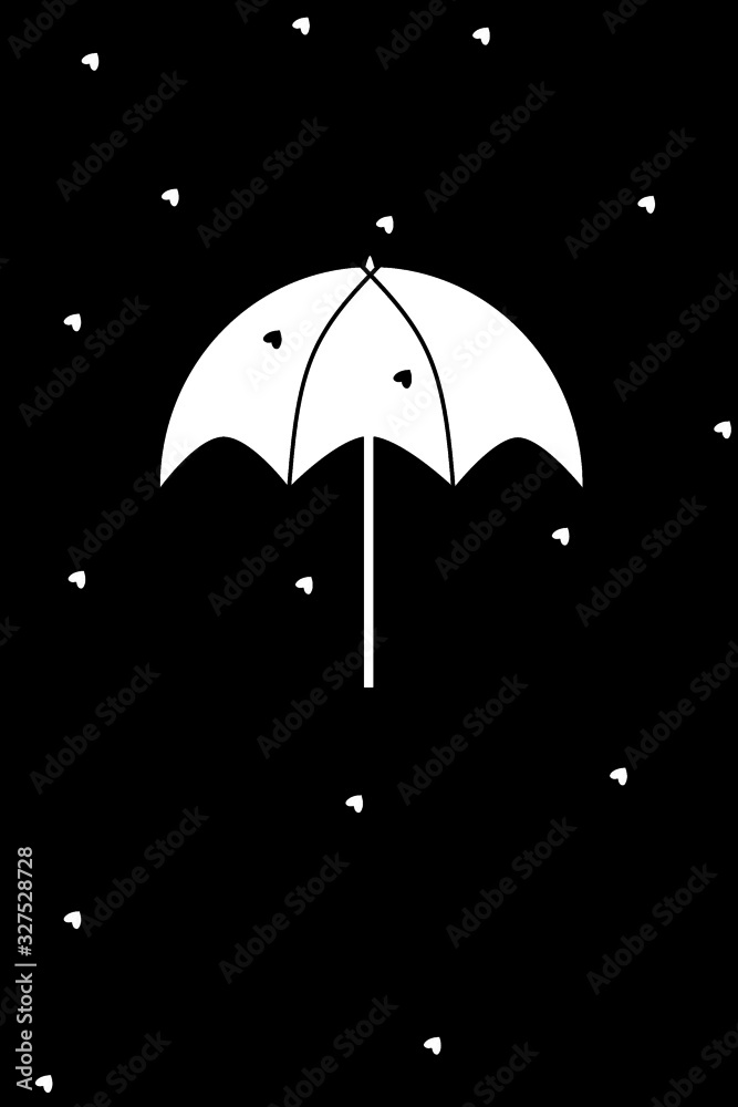Love rain background with umbrella  for Happy Monsoon Season. Rainy season on black background with love raindrops template for mobile, web site, UI. Elegant wallpaper theme. 