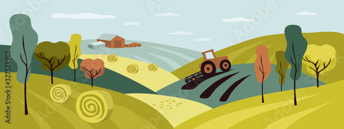 Harvest in countryside with tractor, hay field and haystack rolls. Horizontal illustration of autumn nature, agriculture and landscape. Vector background farm land for banner, flyer, brochure, cover.