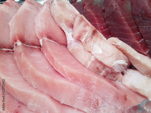  Fresh beautiful red fish fillet on ice