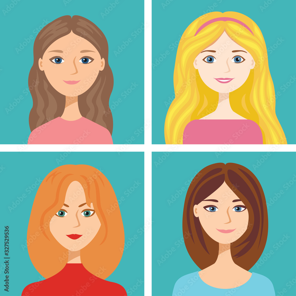 Cartoon female faces set isolated on blue background. Vector illustration  of girls with different hair colors in flat style. Woman Blonde, brunette,  brown-haired and red-haired. Cute avatars. Stock Vector | Adobe Stock
