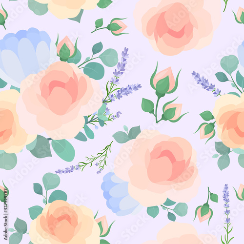 Floral flat vector seamless pattern. Garden flowers on pastel blue background. Roses and peony blossoms with leaves and wildflowers twigs decorative backdrop. Floral textile, wallpaper design.