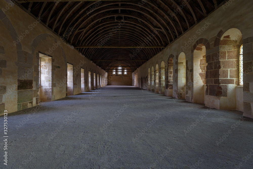 Ancient building of medieval French abbey. Abbey of Fontenay, Burgundy, France, Europe