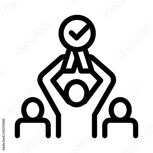 Human Winner Holding Medal Icon Thin Line Vector. Businessman Silhouette Hold Medal With Approved Mark Concept Linear Pictogram. Monochrome Outline Sign Isolated Contour Symbol Illustration