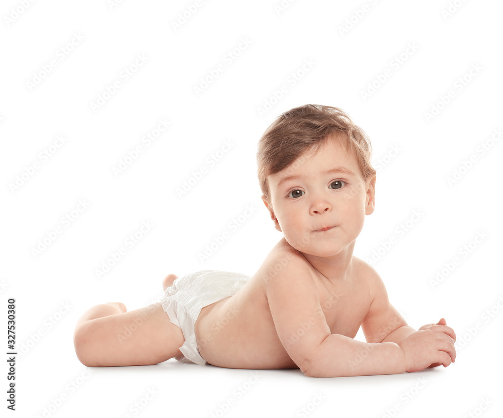 Cute little baby in diaper on white background Cute little baby in diaper on white background