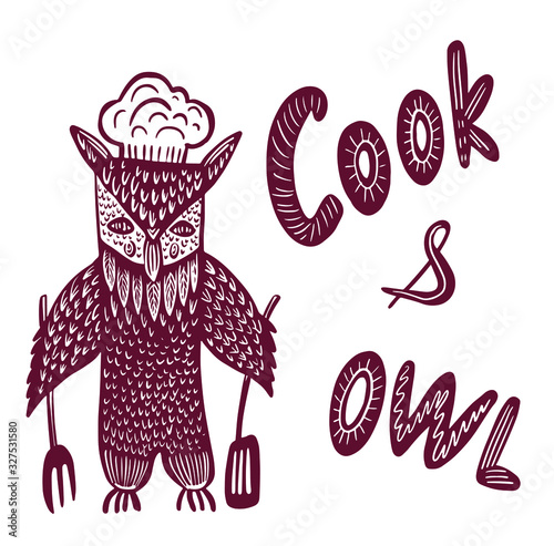 drawing picture of a funny little owlet cook with a fork and a shovel in his hands preparing food in a cauldron over an open fire, sketch hand drawn isolated digital vector illustration photo
