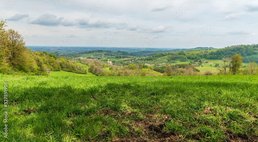 springtime rolling rural landscape above Goleszow willage in Poland near borders with Czech republic