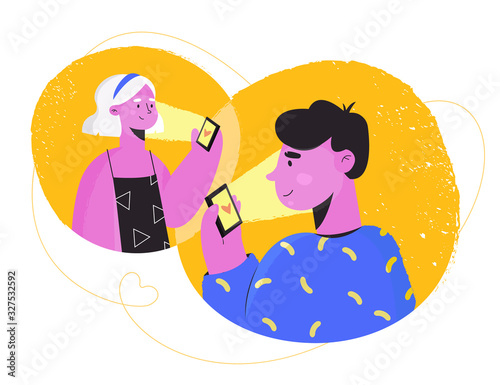 Online dating and social networking, virtual relationships concept. Young people looking for a couple. Man and woman are holding a telephone and meeting online. Vector illustration, flat style.