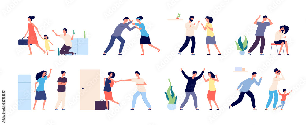 Family conflict. Angry, unhappy people. Couple divorce or quarrel, husband and wife domestic violence. Scolding abuse vector illustration. Shouting husband and wife, boyfriend and girlfriend shouting