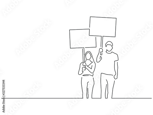 Activists holding a banner isolated line drawing, vector illustration design. Activism collection.