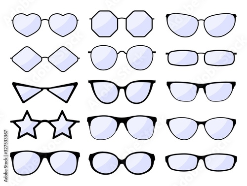 Glasses silhouette. Stylish frame eyeglasses, black eyewear models. Fashion spectacles glass. Hipster sunglasses. Vector isolated icons set. Illustration spectacles ocular, eyesight and eyeglass