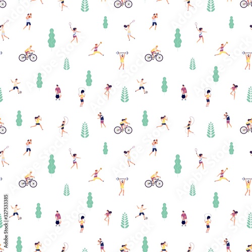 Sport people pattern. People sporting street activity, miniature active persons in park seamless texture. Women men training, yoga and cycling vector. Illustration people activity in park