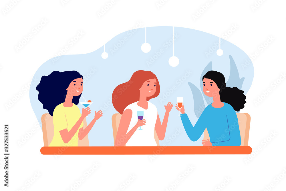 Female friends drinking. Girls meeting, women drink coffee and talk. Friendly lunch in cafe bar, group people relaxed vector illustration. Female together table meeting in cafe, drink and talking