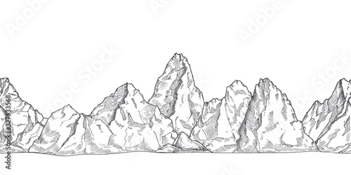 Mountain range. Outline nature drawing, pencil sketch rocky peaks panorama. Art graphics beautiful landscape vector seamless background. Rocky mountain and adventure landscape, rock peak illustration