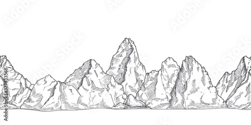 Mountain range. Outline nature drawing  pencil sketch rocky peaks panorama. Art graphics beautiful landscape vector seamless background. Rocky mountain and adventure landscape  rock peak illustration