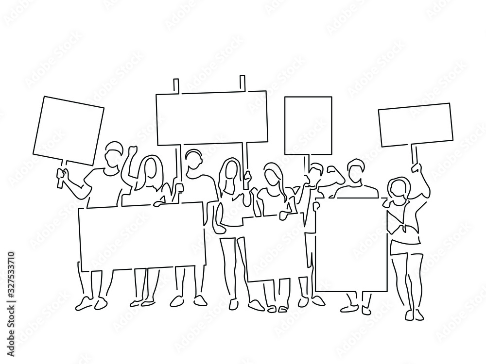 Activists holding a banner isolated line drawing, vector illustration design. Activism collection.