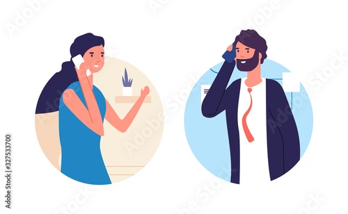 People talking phone. Man and woman have conversation. Business dialog. Couple in love, wife and husband vector illustration. Speech conversation dialog man and woman, girlfriend boyfriend