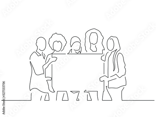Activists holding a banner isolated line drawing, vector illustration design. Activism collection.