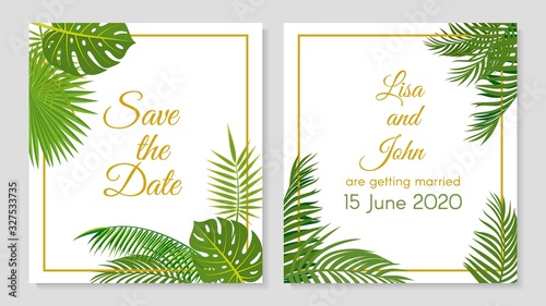 Wedding invitation. Tropical leaves simple invitations. Green jungle plants postcards design. Vector floral banners or flyers templates. Illustration palm floral  green save date and invite wedding