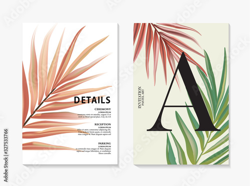 Modern floral pal design template. Advertising card with banana leaves macro pattern. Trendy vector watercolor vintage creative art