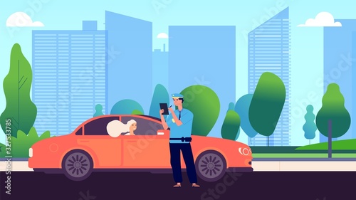 Policeman and female driver. Car inspector write fine to intruder. Speed traffic violation or wrong parking. Safety control admonition vector illustration. Policeman officer give fine to auto driver