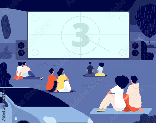 Open air cinema. Outdoor relax, car movie night. Friends rest backyard with snacks, screen. Dating couples watch movie vector illustration. Cinema movie film, outdoor entertainment