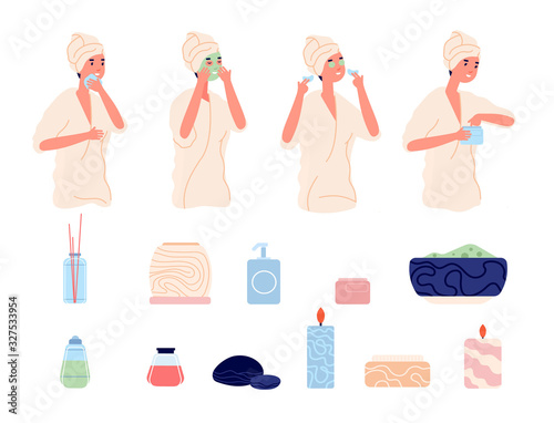 Skin care routine. Skincare, face caring. Spa cosmetics treatment with cleaning and moisturizer cream scrub. Beauty procedures vector set. Woman face hygiene, wash facial mask procedure illustration
