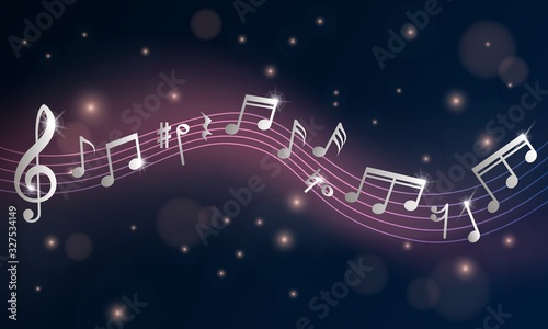 Music notes. Musical poster, silver note symphony. Piano concert or event announcement flyer. Retro shine wave stave vector background. Illustration music treble, clef classic tune, tone melody