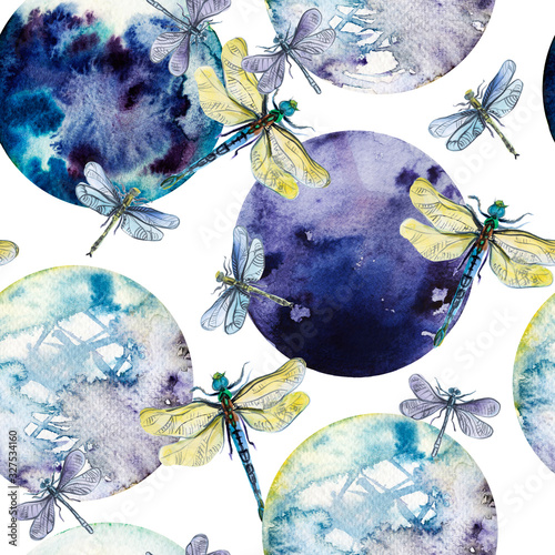 Watercolor planets and dragonflies hand drawn seamless pattern in soft blue and violet colors izolated on white background. Colorful hand painted illustration. 