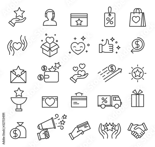 Loyalty program icons. Exclusive discounts, customer incentive benefits and presents points. Shopping website interface vector line symbols. Loyalty and discount program, bonus promotion illustration