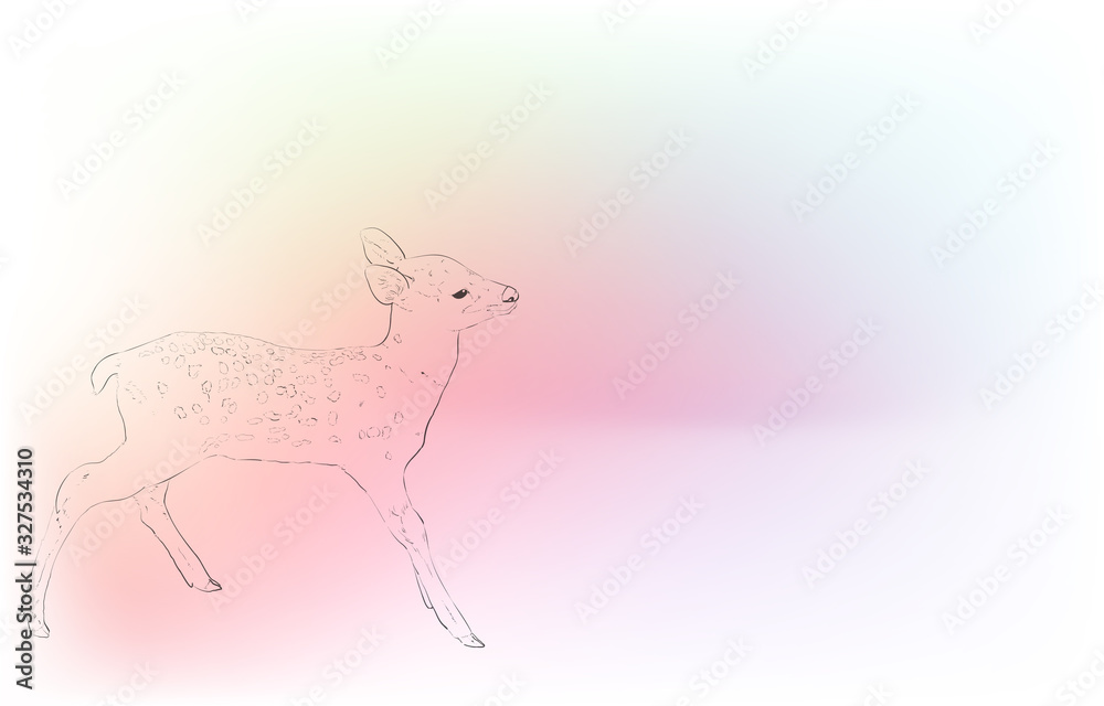 Obraz premium 写実的な動物イラスト：玉虫色の背景：小鹿の横姿