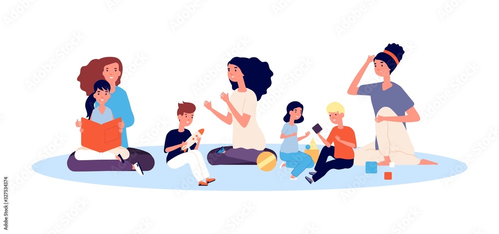 Group of mothers. Smiling people hug child, moms and kids. Happy beautiful women playing and reading with children. Motherhood or nanny vector illustration. Mother parenting family, parent mom kid