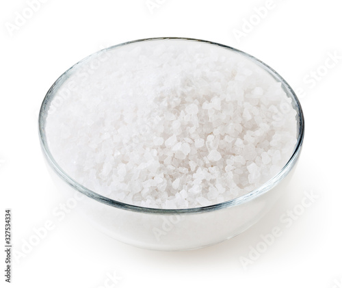 Sea salt in glass bowl isolated on white background with clipping path