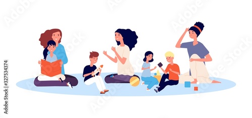 Group of mothers. Smiling people hug child, moms and kids. Happy beautiful women playing and reading with children. Motherhood or nanny vector illustration. Mother parenting family, parent mom kid