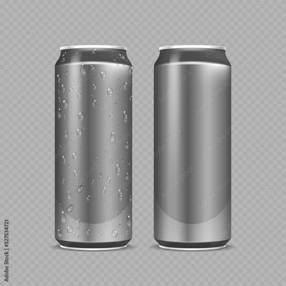 Steel cans. Aluminium bottles for beer, lemonade or soda or energy