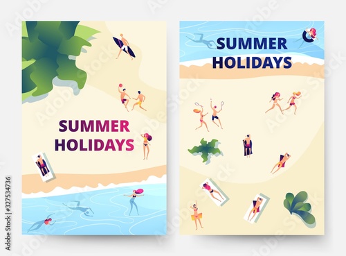 Summer holidays flyers. Beach vacation, serfing and swimming. People take sunbath on sand vector banners. Summer beach holiday, illustration flyer tropical travel