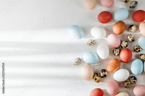 Photos Natural Colored brown, quail and white Eggs with sunlights