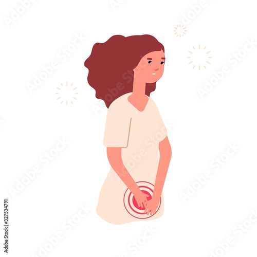 Woman pain. Unwell tired girl. Middle aged lady has discomfort. Stomach or abdominal ache and constipation, menstruation. Isolated stress depression vector illustration. Abdominal pain lady