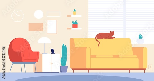 Cat in room. Living home decor, stylish furniture. Modern apartment interior with lounging pet on sofa. Lounge design vector illustration. Interior decor home, furniture room indoor and cat