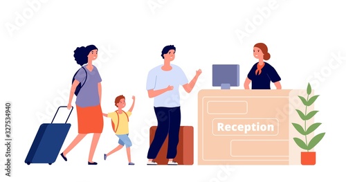 Reception desk. Hotel area, travel family and receptionist. Man woman guest in lobby. Check in, accommodation services vector illustration. Family reception lobby, reservation hotel