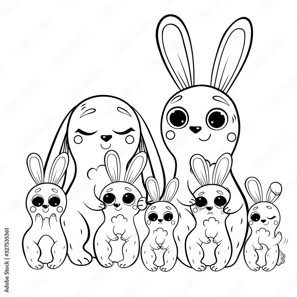 Cute cartoon hare family vector coloring page outline. Male and ...