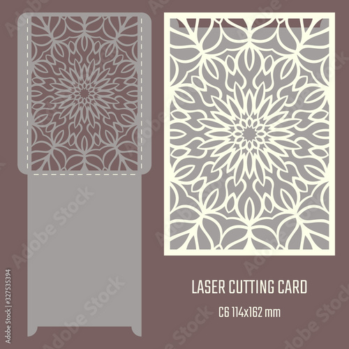 DIY laser cutting vector envelope. Wedding die cut invitation template. Cutout silhouette card. Scrapbook carved paperwork. Floral layout.