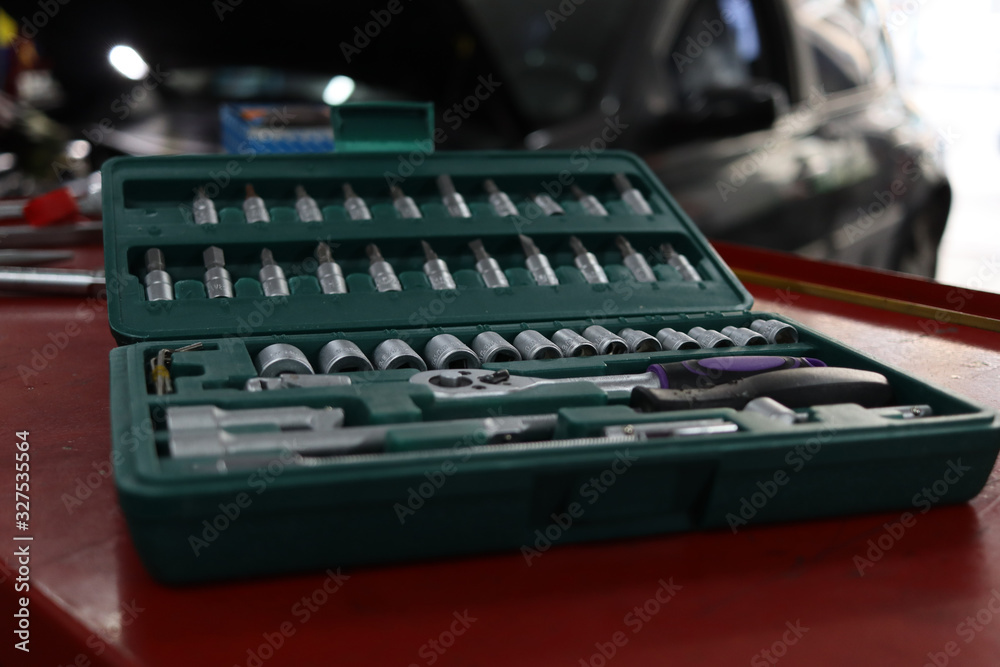 Close-up view of a toolbox in a car workshop Close-up view of a toolbox in a car workshop