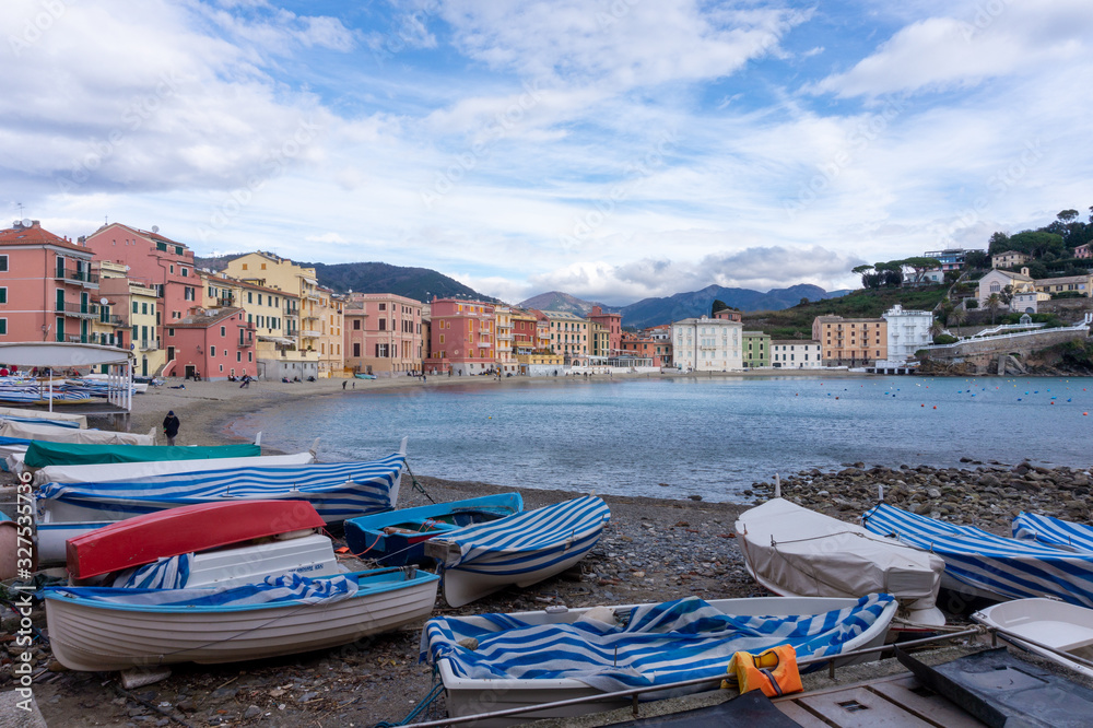 view of Silence Bay with boats, Sestri Levante, Genoa, Italy