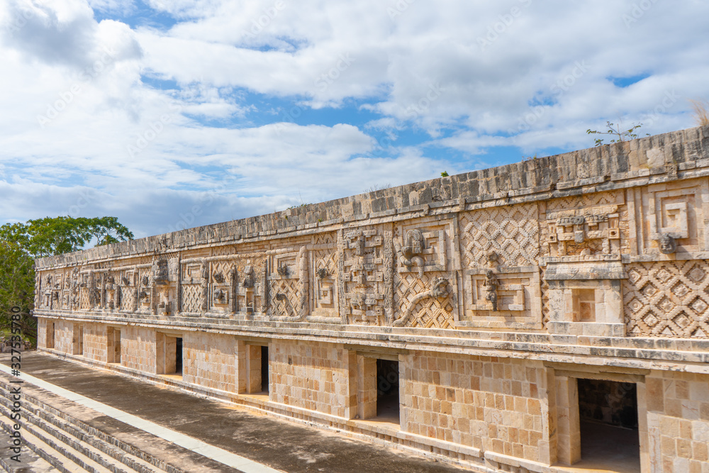 Fragment of the Governor's Palace (Nunnery Quadrangle). Uxmal an ancient Maya city of the classical period. Travel photo. Yucatan. Mexico.