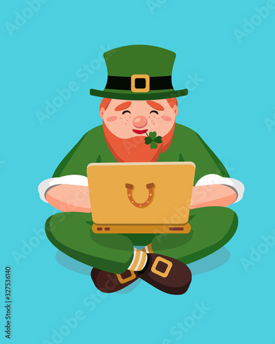 Blogger leprechaun Saint Patrick answers incoming letters and luck wishes in a laptop and sits on blue background isolated. Vector illustration. March seasonaly online sale for St. Patrick's Day
