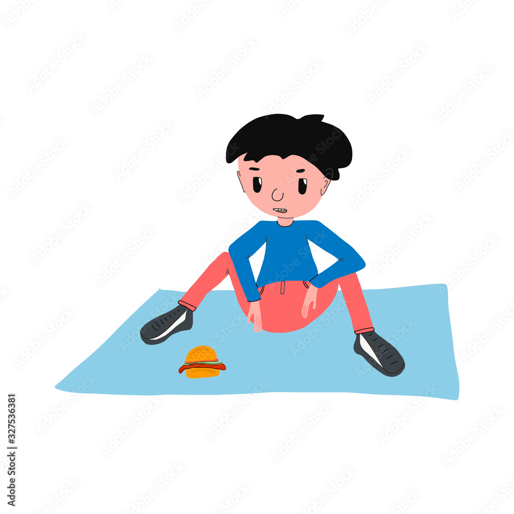 Cute boy character. the guy is sitting in the Park on a blanket and looking at a hamburger.Vector illustration in a flat design.for posters, children s books and websites, t-shirt design. Cute boy character. the guy is sitting in the Park on a blanket and looking at a hamburger.Vector illustration in a flat design.for posters, children s books and websites, t-shirt design.