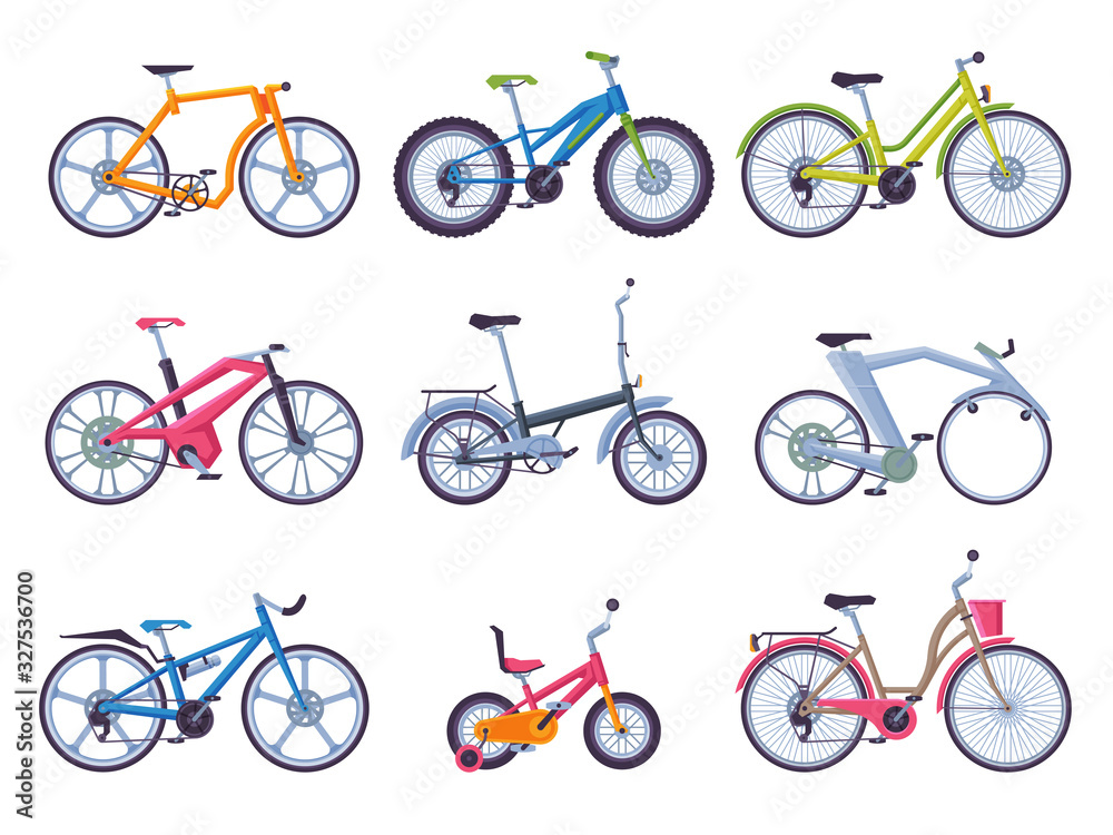 Collection of Various Bicycles, Ecological Sport Transport, Modern and Retro Bikes, Side View Flat Vector Illustration