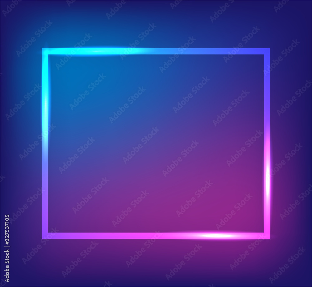 Neon sign.Rectangle glowing light banner with blank space. Electric rectangle frame on dark blue and pink background.Neon right-angled background with flares and sparkles. Vintage vector illustration Neon sign.Rectangle glowing light banner with blank space. Electric rectangle frame on dark blue and pink background.Neon right-angled background with flares and sparkles. Vintage vector illustration