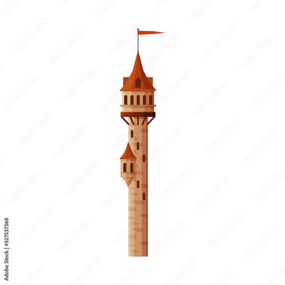 Castle Tower with Red Flag, Part of Medieval Ancient Stone Fortress Vector Illustration